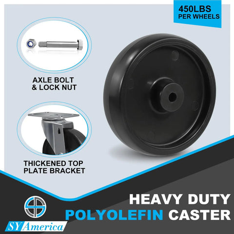 Heavy Duty Industrial Caster Wheels Built Hard As Nails With Polyolefin Rolling Action Moves Like Butter And Handles 1800 Lbs Without Skipping A Beat showing a black 5x1 25 inch caster wheel with top plate bracket.