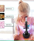Sweet Kids STEM Science Starter Pack Featuring Monocular Compound Microscope With Heavy Duty Black Metal Arm, child observing slides.