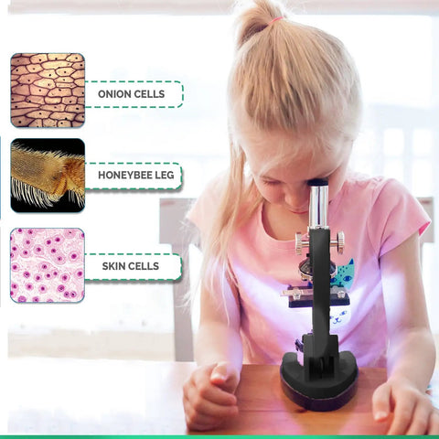 Sweet Kids STEM Science Starter Pack Featuring Monocular Compound Microscope With Heavy Duty Black Metal Arm, child observing slides.