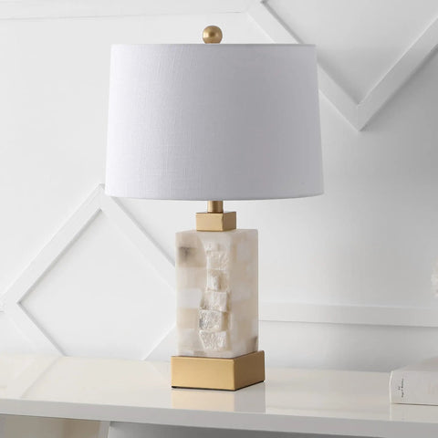 Coastal 23 Inch Gold And White Alabaster Rectangular Table Lamp With Night Light And White Linen Drum Shade Two Light LED Bulbs Included Modern Bedside Fixture For Bedroom