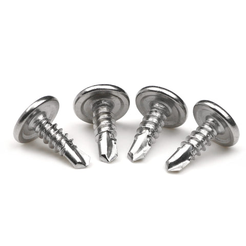 Badass 100 Pack Number 8 X Half Inch 410 Stainless Wafer Head Phillips Self Drilling Sheet Metal Tek Screws close-up view.