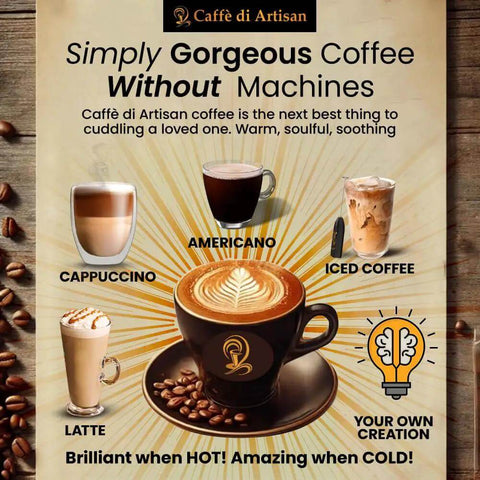 Liquid Coffee Pods For Cold Brew Iced Coffee Or Hot Coffee No Machine Required Eco Friendly Single Serve Coffee Pods With Rich Arabica Dark Roast And Frother Ready In Seconds 24 Count shown with various coffee preparations