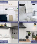 Under Cabinet Paper Towel Holder With Self Adhesive Or Drilling Mount Stainless Steel Black Wall Mounted Organizer in kitchen and bathroom settings