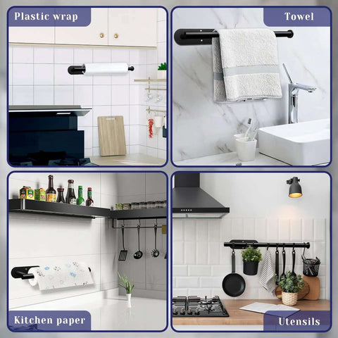 Under Cabinet Paper Towel Holder With Self Adhesive Or Drilling Mount Stainless Steel Black Wall Mounted Organizer in kitchen and bathroom settings
