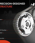 Front view of A-Premium VVT camshaft adjuster sprocket assembly in metallic silver