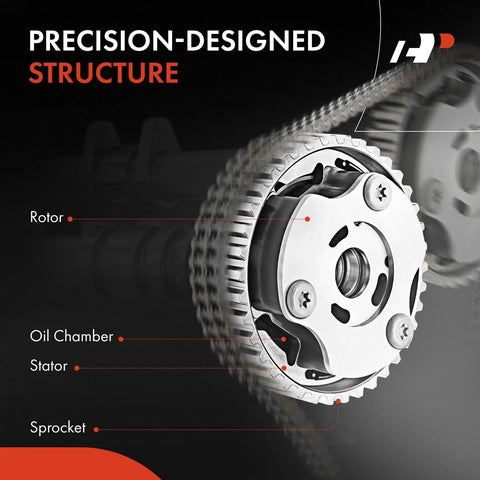 Front view of A-Premium VVT camshaft adjuster sprocket assembly in metallic silver