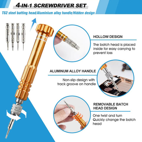 4-in-1 screwdriver set with aluminum alloy handle, removable batch head, and four interchangeable tips