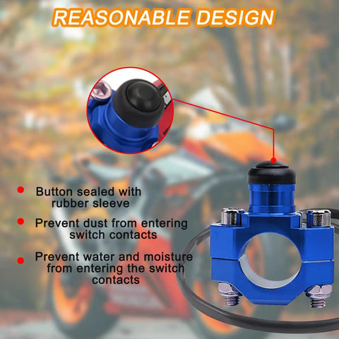 Straight Up Heavy Duty Motorcycle Engine Kill And Start Switch With Tight Mounting Plate For Dirt Pit Bikes AtVs And Scooters Hardcore Aluminum Build Brings Dead Simple Shutdown Control In Classic Blue showing sealed button design.
