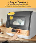 Heavy Duty Compact Countertop Dishwasher Boasting 3 In 1 Wash Cycles Plus 24 Hour Digital Timer Capability For 12 To 20 Dirty Dishes Effortlessly Designed For Cramped Apartments Tiny Studios And Rv Campers With Zero Setup Stress Slays Dish Dirt, shown with dishes inside and user activating controls.