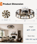 24 Inch Metal Caged Farmhouse Ceiling Fan With Warm White Lighting And Wireless Remote dimensions showing flush mount design.