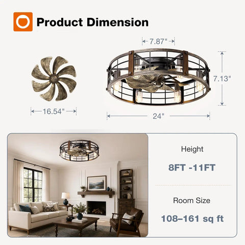 24 Inch Metal Caged Farmhouse Ceiling Fan With Warm White Lighting And Wireless Remote dimensions showing flush mount design.