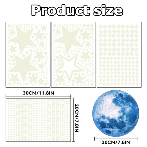 Ceiling Stars And Moon Glow In The Dark Wall Decals For Kids Cozy Nursery Bedroom Living Room Create A Real Night Sky Look With Sky Blue Moon And Glowing Stars Dots Product Size Chart