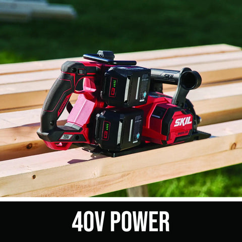Heavy Duty Seven Quarter Inch Cordless Circular Saw Featuring Rear Handle And Brushless Motor Provides Killer Cuts Through Lumber Legit Forty Volt Dual Battery Kit With Two Five Amp Hour Cells And Quick Charge Station on a wooden surface.
