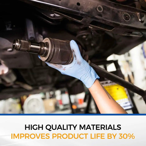 Mechanic holding Ford Focus Front Right CV Axle Assembly 2000 To 2011 Passenger Side Drive Shaft Replacement under car