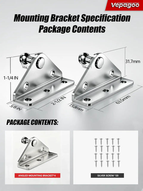 10mm Ball Stud Mounting Bracket For Gas Struts Lift Supports Used On Windows Trunks Cabinets Campers Trailers Tool Boxes And More, L Type Bracket Kit With Four Mounts And Twenty Screws Fits 10mm Ball Head Heavy Duty Silver, angled bracket set