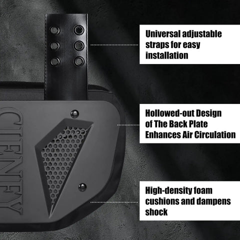 Close-up view of High Impact Football Back Plate For Shoulder Pads with adjustable straps and foam core for spine protection.
