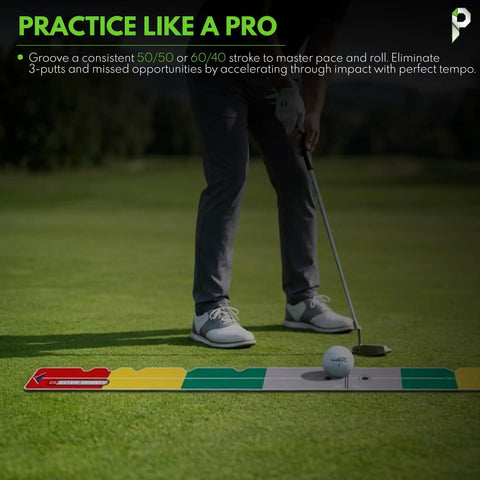 Golfer using Golf Putting Aid Stroke Meter 2.0 Pro Training Tool for realistic stroke length speed and distance control outdoors