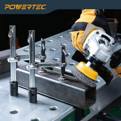 Heavy Duty Welding Clamp With T Handle, 6-1/2 Inch Opening And 3-1/4 Inch Throat Depth in use on welding table