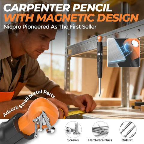 Must-Have 7-In-1 Magnetic Carpenter Pencil With Built-In Sharpener Deep Hole Marker 2.8mm Lead Includes 10 Refill Leads And Magnetic Pickup Tool For Construction And Woodworking Marking