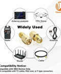 SMA Male To SMA Female FPV Antenna Adapter 2 Pack Coaxial Cable Connector Low Loss 50 Ohm uses diagram with adapters centered.