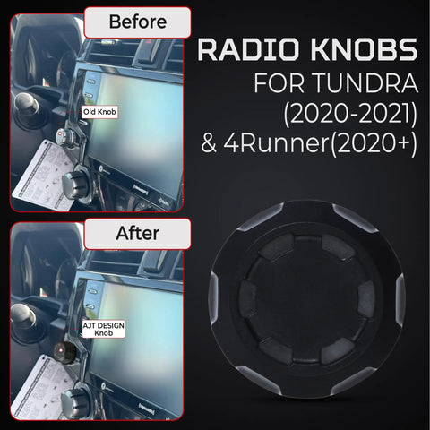 Before and after installation of Radio Knob Replacement Kit For 2nd Gen Toyota Tundra 2020 2021 And 5th Gen 4Runner 2020 2024 Matte Black ABS