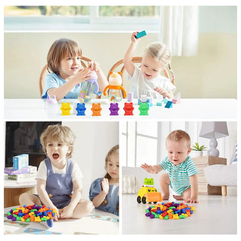Kids using Hella Cool Big Time 120 Piece Math Manipulatives Counting Bear Set With Vibrant Six Color Blocks for STEM play.