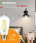 Image showing a 12 Pack Vintage LED Edison Bulb 60W Equivalent warning sign about non-dimmable E26 base with room setting.