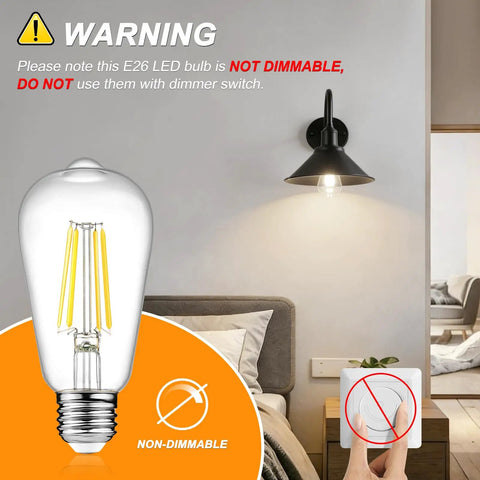 Image showing a 12 Pack Vintage LED Edison Bulb 60W Equivalent warning sign about non-dimmable E26 base with room setting.