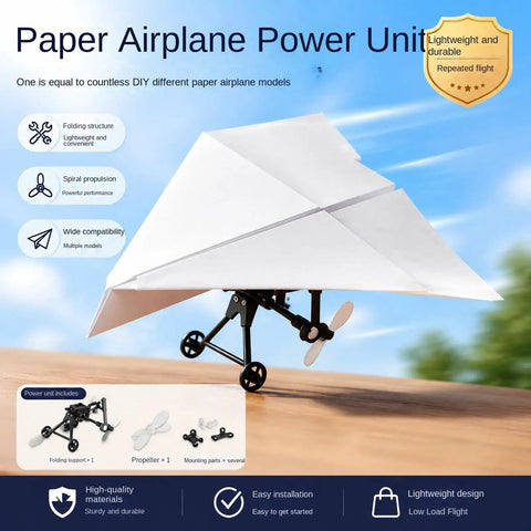 Totally Fun DIY Electric Remote Control Paper Airplane Kit With Gyro Stabilizer And Dual Propellers displayed on a wooden surface.