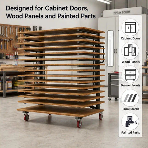 Built Tough 15 Tier Paint Drying Rack For Cabinet Doors And Wood Panels Heavy Duty Steel Rack with wood tiers and wheels.