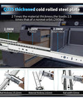 Close-up of Q235 thickened cold rolled steel ball bearing drawer slides, showing dimensions and thickness for kitchen cabinets or workshop drawers.