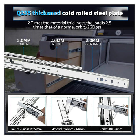 Close-up of Q235 thickened cold rolled steel ball bearing drawer slides, showing dimensions and thickness for kitchen cabinets or workshop drawers.