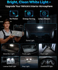 Man holding All In One Grab And Go 48 Piece Led Interior Car Lights Kit with 6500K white bulbs and images of car light upgrades.