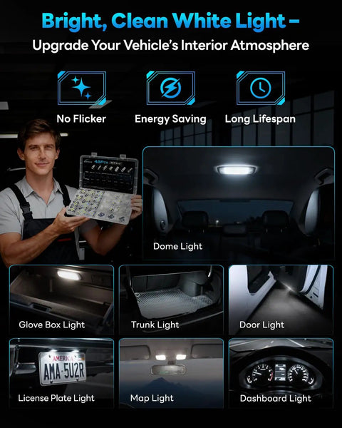 Man holding All In One Grab And Go 48 Piece Led Interior Car Lights Kit with 6500K white bulbs and images of car light upgrades.