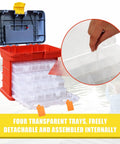 Tackle Box Organizer With Four Drawers And Nineteen Compartments For Hardware Fishing Tackle Beads And More Red Portable Storage Tool Box With Removable Clear Bins And A Handy Carry Handle Built For Everyday Use, showcasing four clear removable trays.