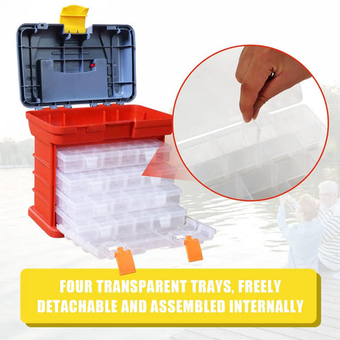 Tackle Box Organizer With Four Drawers And Nineteen Compartments For Hardware Fishing Tackle Beads And More Red Portable Storage Tool Box With Removable Clear Bins And A Handy Carry Handle Built For Everyday Use, showcasing four clear removable trays.
