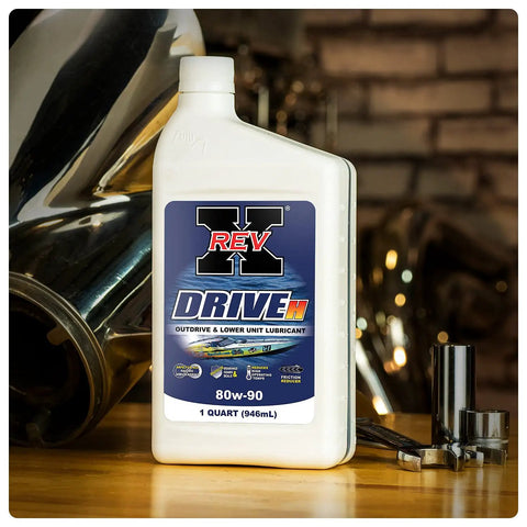 Marine Outdrive Gear Lube 80W90 No ZDDP Friction Reducing Formula 1 quart bottle on wooden surface with tools