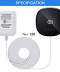 24 Volt C Wire Adapter for Smart Thermostats next to circular thermostat, UL listed, 23ft cable, compatible with Nest, Ecobee, Wyze.