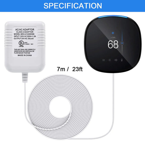 24 Volt C Wire Adapter for Smart Thermostats next to circular thermostat, UL listed, 23ft cable, compatible with Nest, Ecobee, Wyze.
