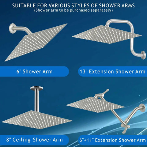 Diagram of High Pressure Rain Shower Head With 304 Stainless Steel Build, 8 Inch Brushed Nickel Finish in four shower arm setups
