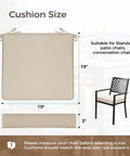 Comfy Outdoor Chair Cushions Set Of 4 For Patio Use, Water Resistant Seat Cushions With Ties, High Density Foam, UV Resistant And Fade Resistant, Piped Edge, 19 By 19 By 3 Inches, Beige shown with dimensions