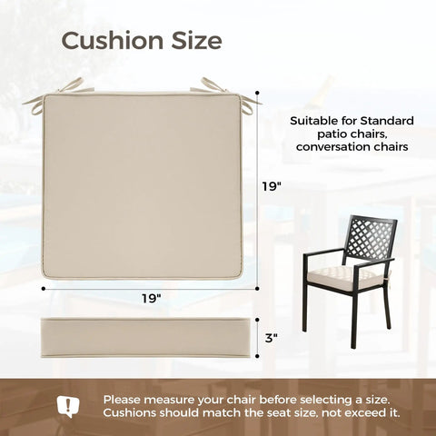 Comfy Outdoor Chair Cushions Set Of 4 For Patio Use, Water Resistant Seat Cushions With Ties, High Density Foam, UV Resistant And Fade Resistant, Piped Edge, 19 By 19 By 3 Inches, Beige shown with dimensions