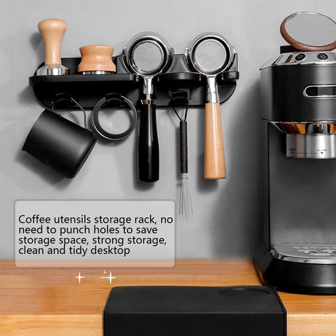 Heavy Duty Espresso Tamper Holder Wall Mount Portafilter Rack With Drip Tray Kitchen Coffee Accessories Organizer Barista Station mounted on wall with utensils.