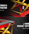 Close-up of Beefy Heavy Duty Hydraulic Foot Operated Motorcycle Lift Table components, showing hydraulic operation and J-hooks.