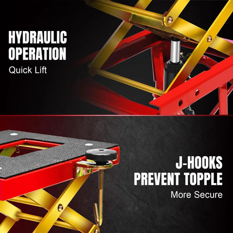 Close-up of Beefy Heavy Duty Hydraulic Foot Operated Motorcycle Lift Table components, showing hydraulic operation and J-hooks.