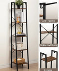 Rustic Brown Ladder Shelf Corner Bookcase Industrial Style Freestanding Multipurpose Display Rack for Books Plants and Cozy Home Setup With Heavy Duty Frame showcasing anti-tipping design.