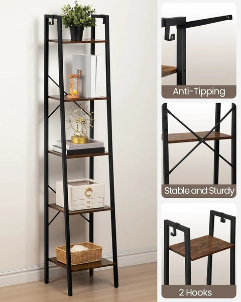 Rustic Brown Ladder Shelf Corner Bookcase Industrial Style Freestanding Multipurpose Display Rack for Books Plants and Cozy Home Setup With Heavy Duty Frame showcasing anti-tipping design.
