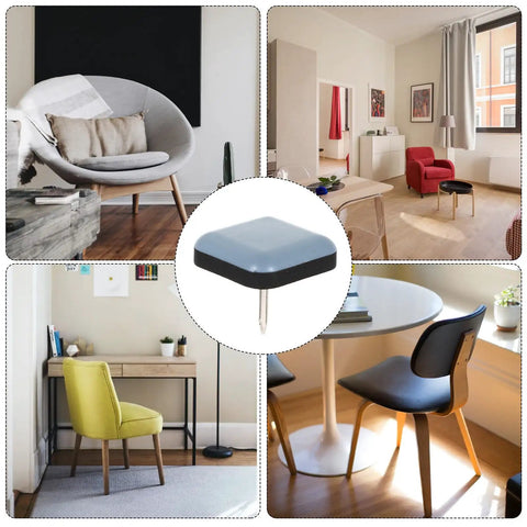 16 Pcs Furniture Glides For Chair Legs With PTFE And Iron Protectors in various room settings.