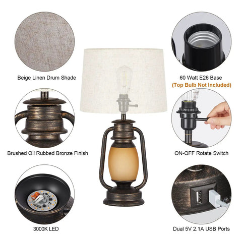 Lantern Table Lamps Set Of 2 With Dimmable Night Light And USB Port Rustic Oil Rubbed Bronze Finish Features Overview