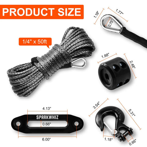 Synthetic Winch Rope Kit 1/4 Inch By 50 Feet 10000LBS With Protective Sleeve, Heavy Duty Hook, Fairlead, Stopper And Hardware